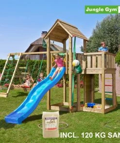 Jungle Gym Mansion Legetårn Komplet Inkl. Climb Module Xtra, 120 Kg Sand Og Blå Rutschebane - 804-267CXSB