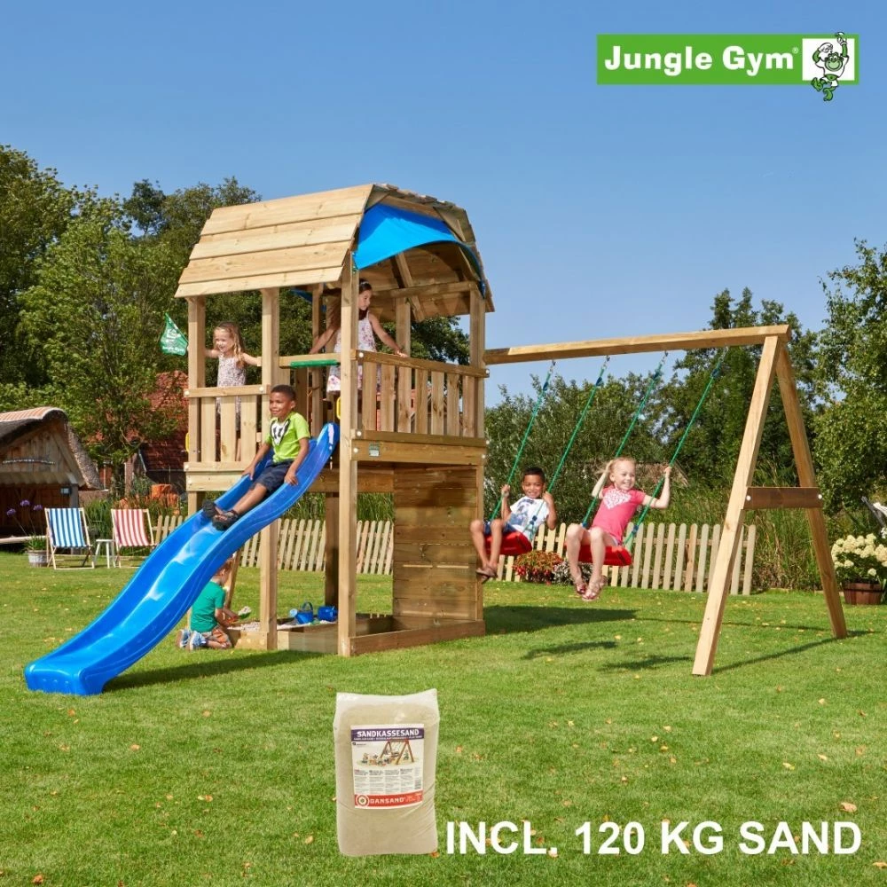 Jungle Gym Barn Legetårn Komplet Inkl. Swing Module Xtra, 120 Kg Sand Og Blå Rutschebane - 804-287SXSB 3 Jungle Gym Barn Legetårn Komplet Inkl. Swing Module Xtra, 120 Kg Sand Og Blå Rutschebane - 804-287SXSB