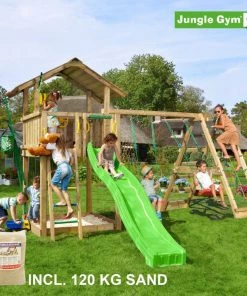 Jungle Gym Chalet Legetårn Komplet Inkl. Climb Module Xtra, 120 Kg Sand Og Grøn Rutschebane - 804-271CXSG