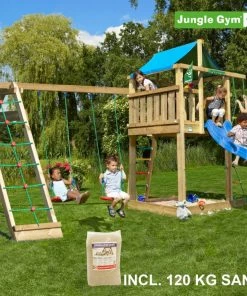 Jungle Gym Lodge Legetårn Komplet Inkl. Climb Module Xtra, 120 Kg Sand Og Blå Rutschebane - 804-274CXSB