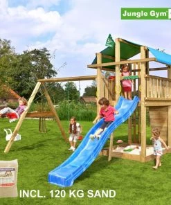 Jungle Gym Fort Legetårn Komplet Inkl. Swing Module Xtra, 120 Kg Sand Og Blå Rutschebane - 804-275SXSB
