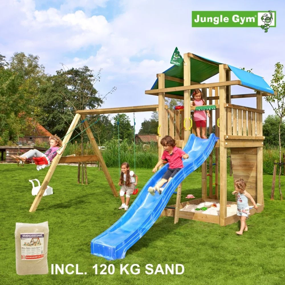 Jungle Gym Fort Legetårn Komplet Inkl. Swing Module Xtra, 120 Kg Sand Og Blå Rutschebane - 804-275SXSB 3 Jungle Gym Fort Legetårn Komplet Inkl. Swing Module Xtra, 120 Kg Sand Og Blå Rutschebane - 804-275SXSB
