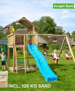Jungle Gym Chalet Legetårn Komplet Inkl. Swing Module Xtra, 120 Kg Sand Og Blå Rutschebane - 804-271SXSB
