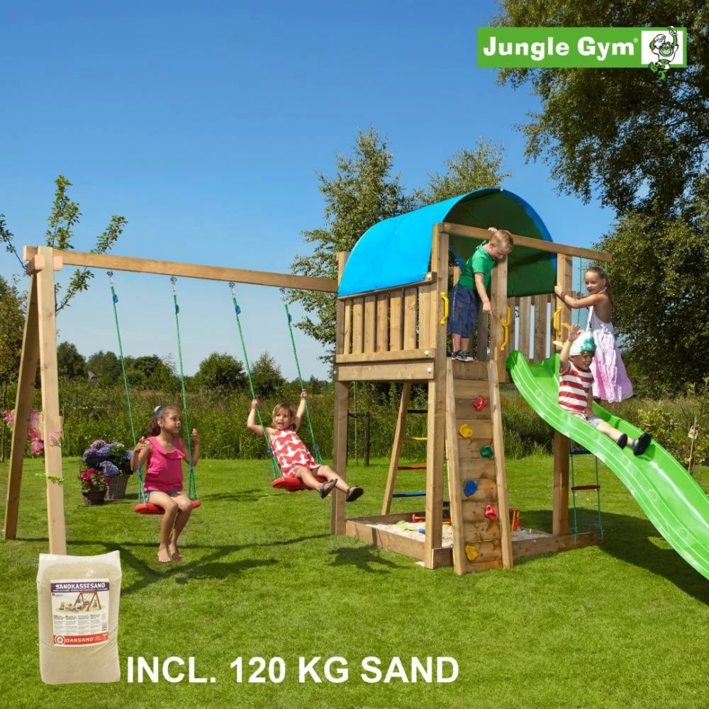 Jungle Gym Villa Legetårn Komplet Inkl. Swing Module Xtra, 120 Kg Sand Og Grøn Rutschebane - 804-285SXSG 3 Jungle Gym Villa Legetårn Komplet Inkl. Swing Module Xtra, 120 Kg Sand Og Grøn Rutschebane - 804-285SXSG