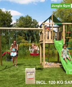 Jungle Gym Lodge Legetårn Komplet Inkl. Swing Module Xtra, 120 Kg Sand Og Grøn Rutschebane - 804-274SXSG