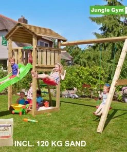 Jungle Gym Cottage Legetårn Komplet Inkl. Swing Module Xtra, 120 Kg Sand Og Grøn Rutschebane - 804-270SXSG