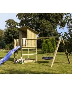 Plus A/S Plus Play Legetårn M/skråt Tag Trykimprægneret Inkl. Gyngestativ Blå Rutsjebane Og Redegynge 185280-3