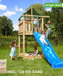 Jungle Gym Lodge Legetårn Komplet, Inkl. 120 Kg Sand Og Blå Rutschebane - 804-274SAB