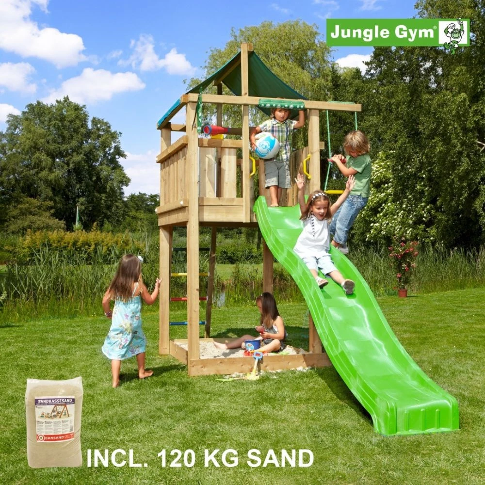 Jungle Gym Lodge Legetårn Komplet, Inkl. 120 Kg Sand Og Grøn Rutschebane - 804-274SG 3 Jungle Gym Lodge Legetårn Komplet, Inkl. 120 Kg Sand Og Grøn Rutschebane - 804-274SG