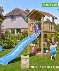 Jungle Gym Cottage Legetårn Komplet, Inkl. 120 Kg Sand Og Blå Rutschebane - 804-270SAB