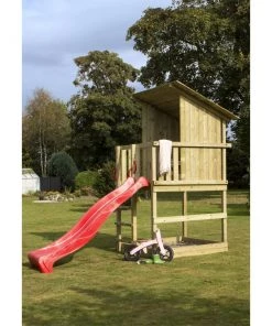 Plus A/S Plus Play Legetårn M/skråt Tag Trykimprægneret Inkl. Rød Rutsjebane 18528-5