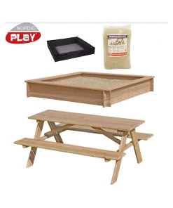 Nordic Play Sampak Sandkasse Lærk 150 X 150 Cm, Net, 200 Kg Sand Og Bord/bænksæt - 805-750