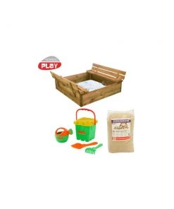 Nordic Play Sandkasse Med Bænk Og Låg 120 X 120 Cm Trykimp. Inkl. 240 Kg Sand Og Grønt Strandsæt - 805-745
