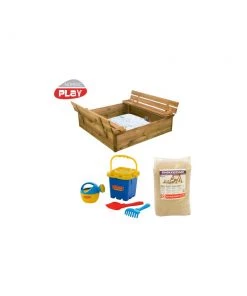 Nordic Play Sandkasse Med Bænk Og Låg 120 X 120 Cm Trykimp. Inkl. 240 Kg Sand Og Blåt Strandsæt - 805-744