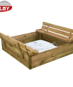 Nordic Play Sandkasse 120x120 Cm Med Vippelåg Og Bænk Og 240 Kg Certificeret Sand